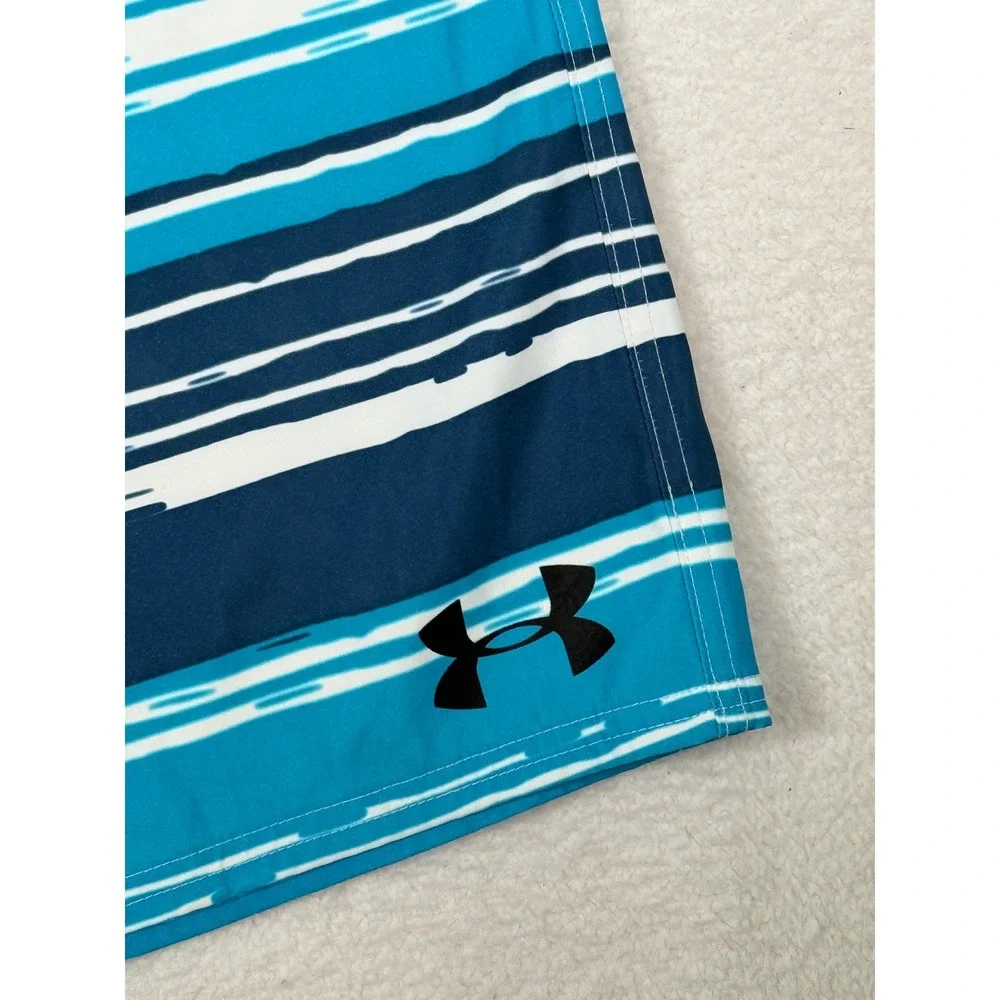 Under Armour Mens Board Shorts HeatGear Swim Trunks Blue Striped Size 34 Tie